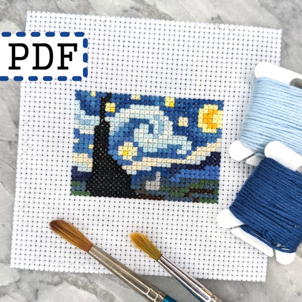 Starry Night, small mini art cross stitch pattern, Vincent van Gogh