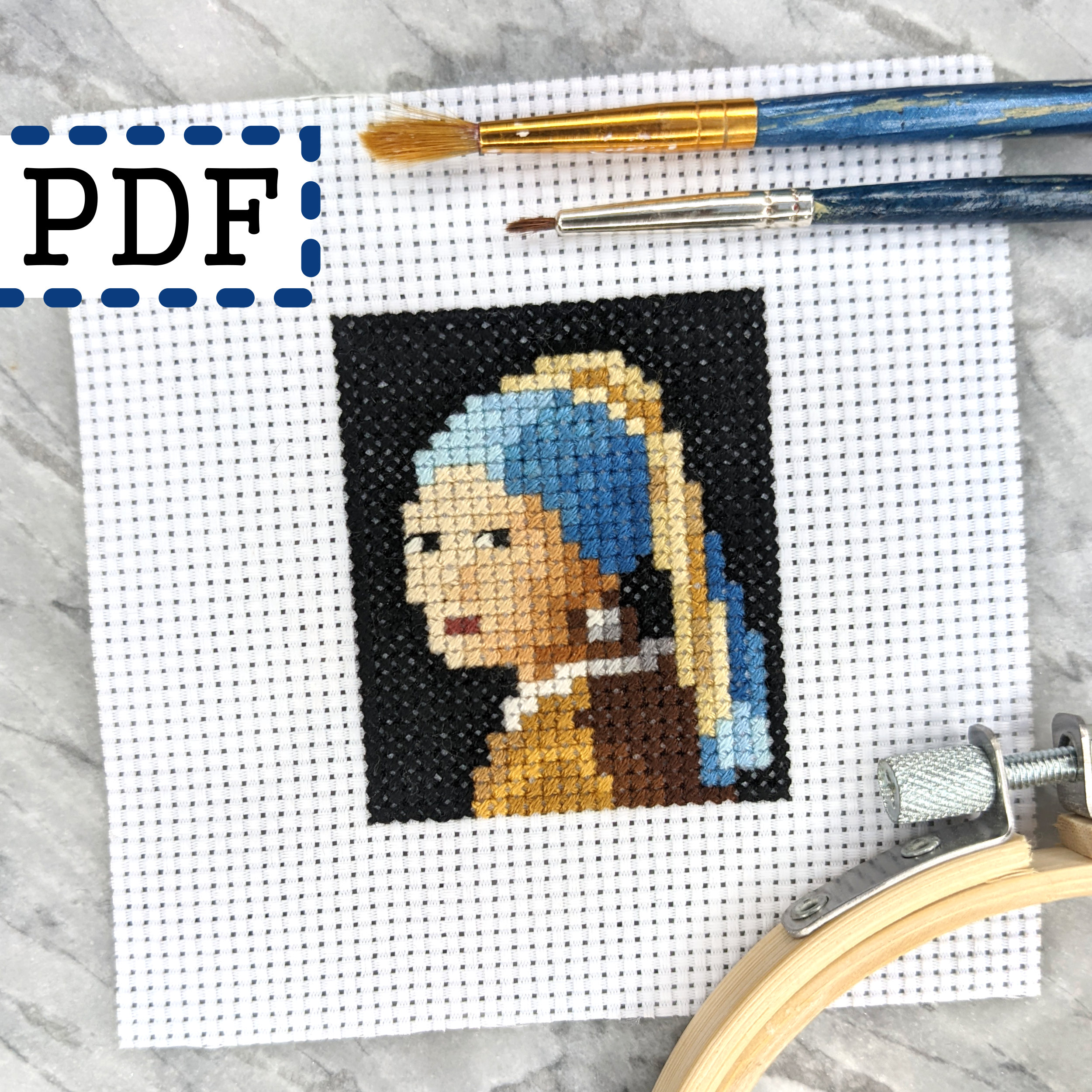 Tiny Modern Cross Stitch Pattern girl With a Pearl Earring. P224 Miniature  Art Cross Stitch. 