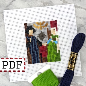 Arnolfini Portrait, small mini art cross stitch pattern, Jan van Eyck