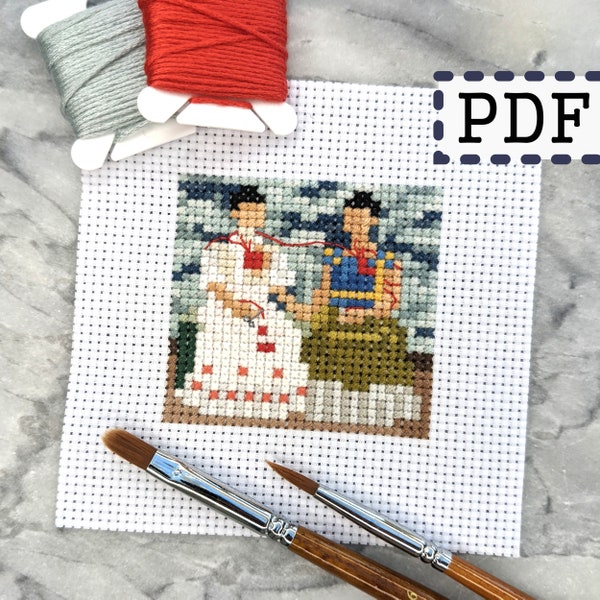 The Two Fridas, small mini art cross stitch pattern, Frida Karlo