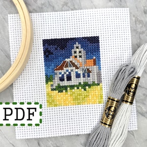 The Church at Auvers, small mini art cross stitch pattern