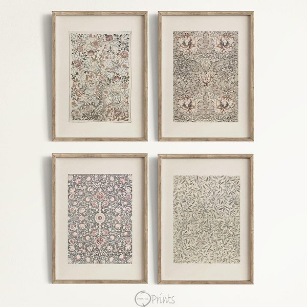 Set of 4 French Vintage Textile Prints: Farmhouse Watercolor Art (Instant Download)