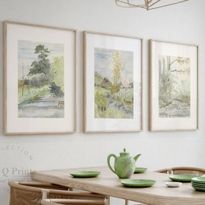 Set of 3 Landscape Prints, Watercolor Paintings, Bright Green Blue Aesthetic, Farmhouse Decor, INSTANT DOWNLOAD # 3-5