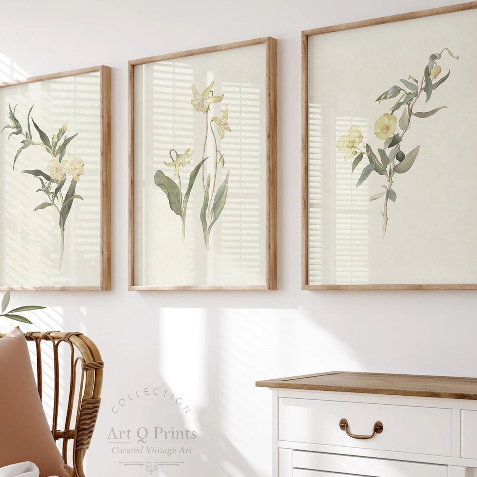 Set of 3 Botanical Prints, Pastel Watercolor Paintings, Bright Yellow ...