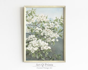 Flowers, Blooming Apple Tree, Vintage Oil Painting, Blue White Colors, Digital File, Canvas, Home Decoration, Gift, INSTANT DOWNLOAD