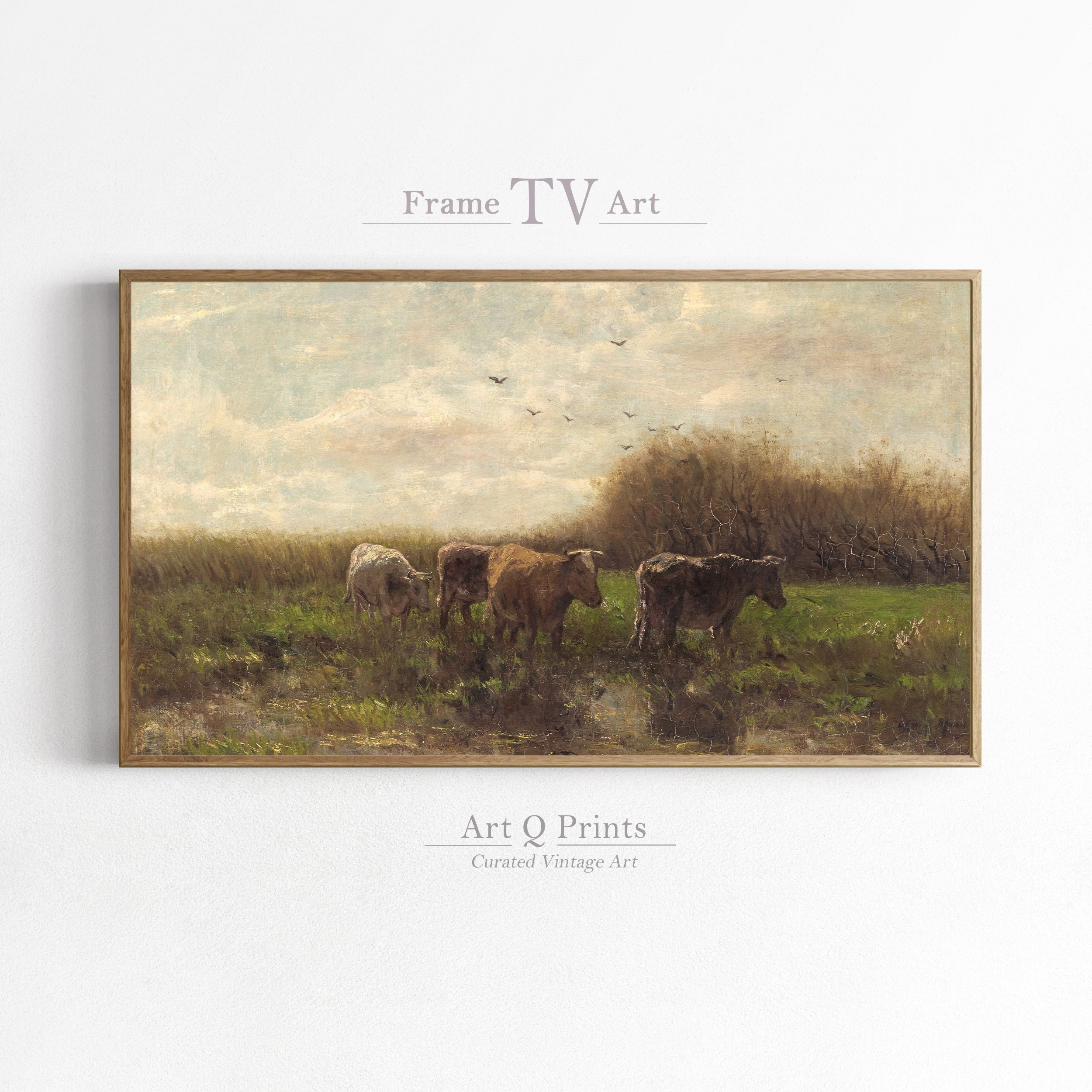 Moldura para TV Samsung 4K, rebanho de vacas, arte de parede com paisagem vintage, pintura a óleo, arte vintage para TV, download digital
