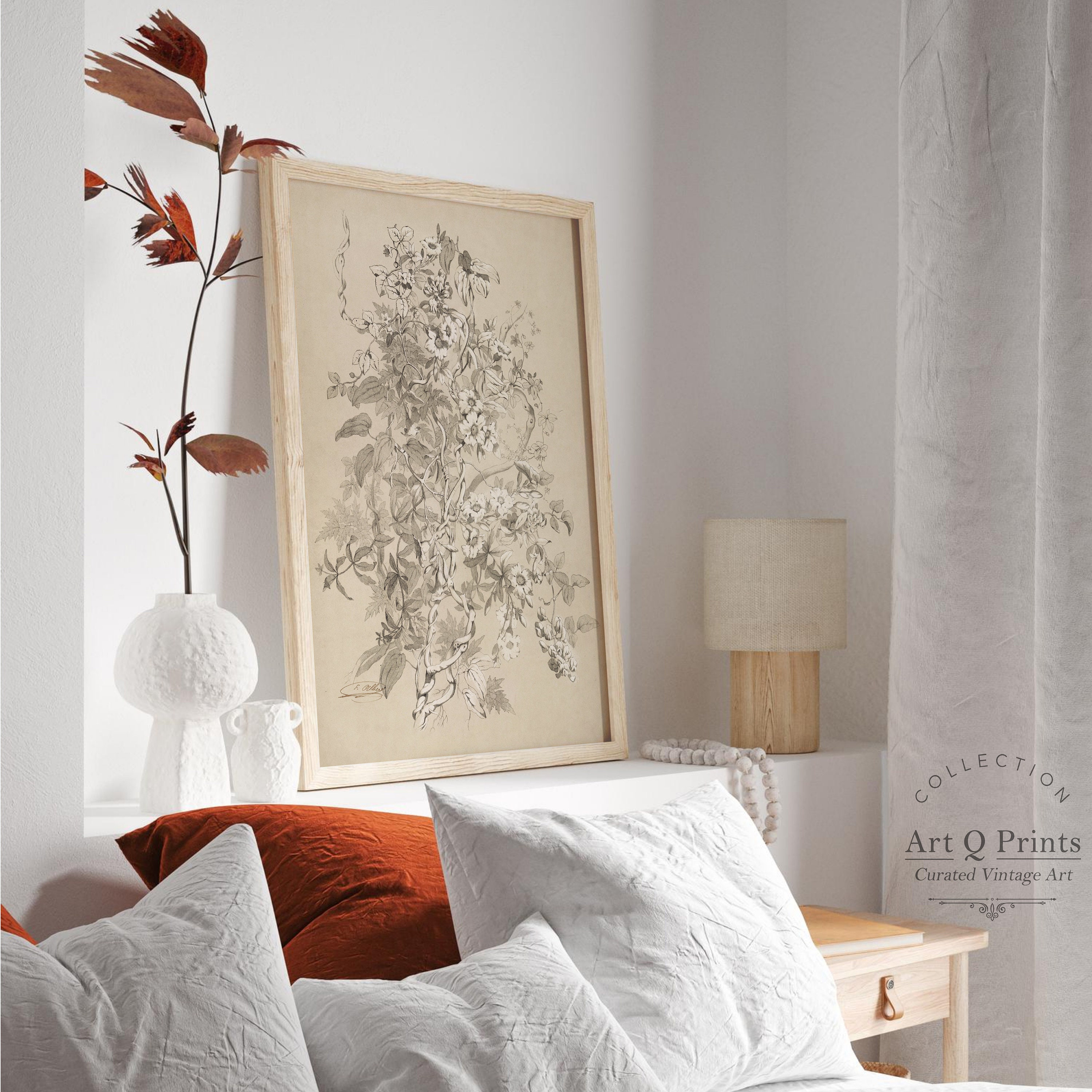 Botanical Floral Sketch Wall Art Print, Vintage Drawing, Graphite