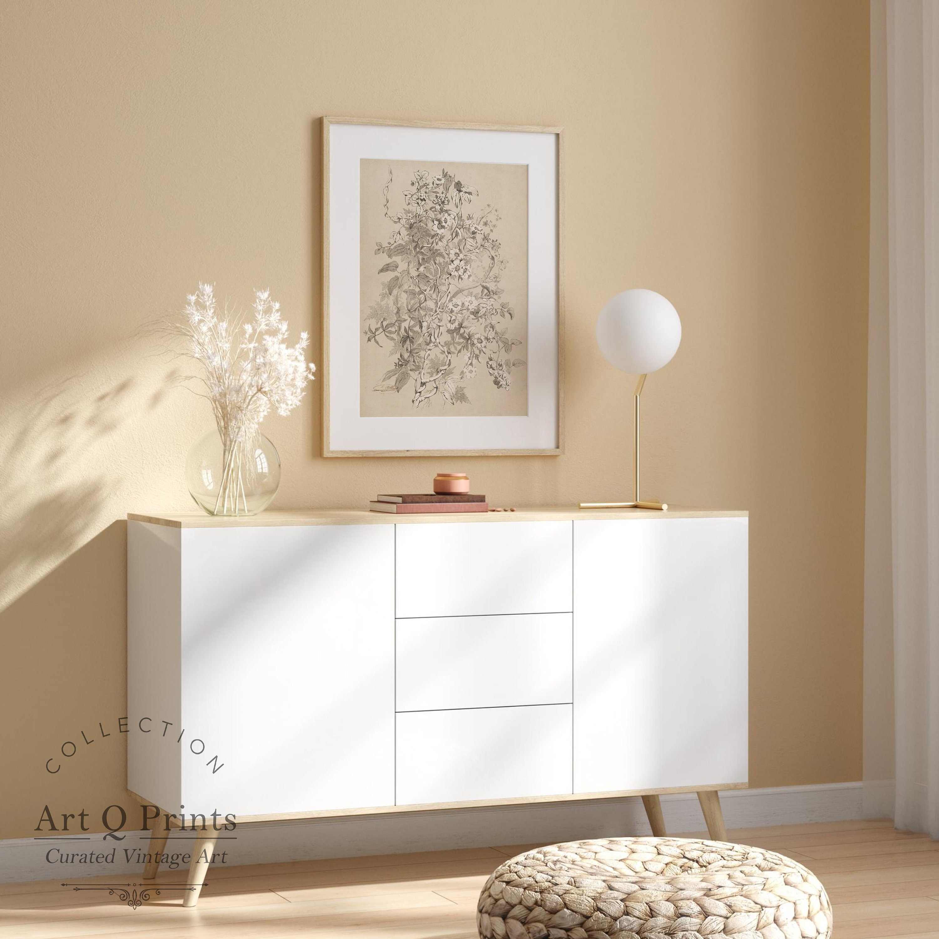 Botanical Floral Sketch Wall Art Print, Vintage Drawing, Graphite