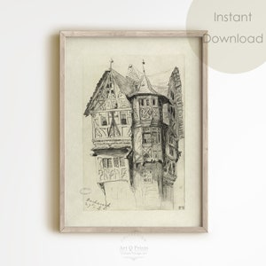 Vintage 19th-Century Pencil Drawing, Urban Houses with Slanted Roofs in Black and White, Sketch, DIGITAL DOWNLOAD #585