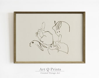 Impressão de coelhos, arte de parede para impressão, ilustração vintage, desenho minimalista a tinta, bege, casa de fazenda, animal, decoração de parede de Páscoa, DOWNLOAD DIGITAL