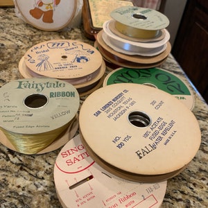 Vintage ribbon spools - lot of 10/vintage ephemera packaging/vintage ribbon bundle deal/10 round spools of vintage ribbon/assorted ribbon