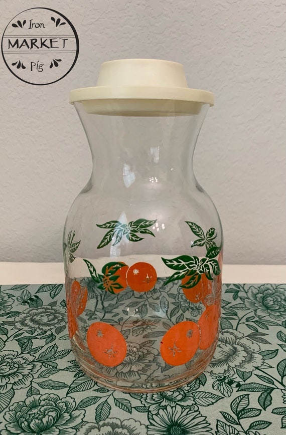 Vintage 1970's glass orange juice carafe with original lid/ glass  carafe/70s kitchen/glass pitcher with lid/retro kitchen/orange decor