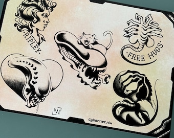 Alien Movie - Tattoo Flash Sheet - Art Print - Etsy UK