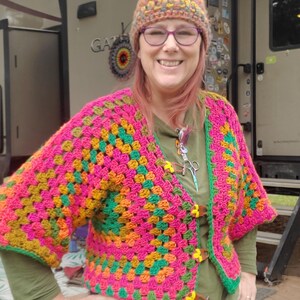 Preppy Strips Hexagon crop sweater. Pink Orange Hot Pink and Green