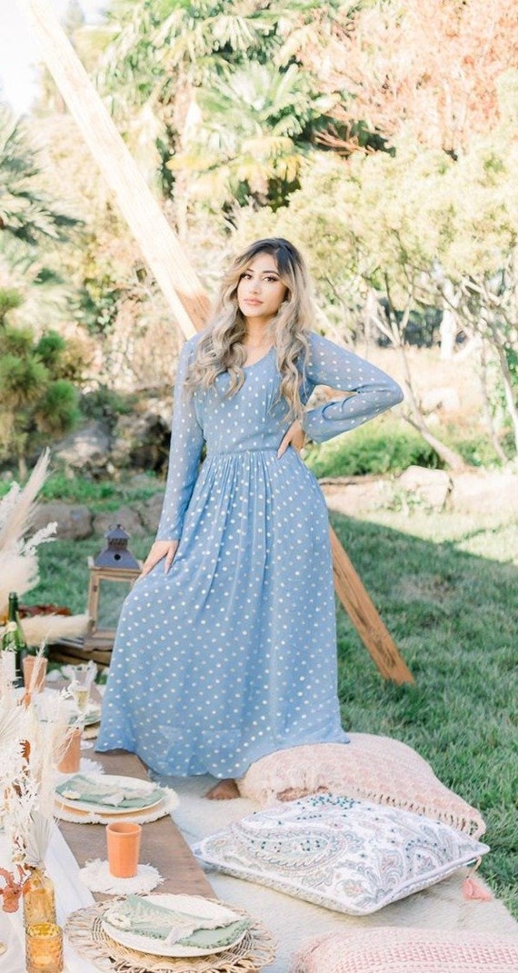 solid light blue dress Light-Blue Solid Fit and Flare Maxi Dress with Silver Sequinned Belt f main image 1