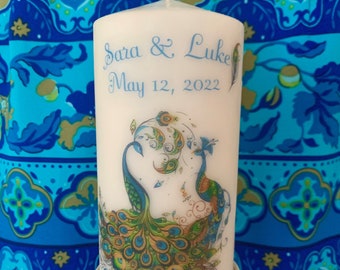 Peacock Personalized Wedding  Pillar Candle