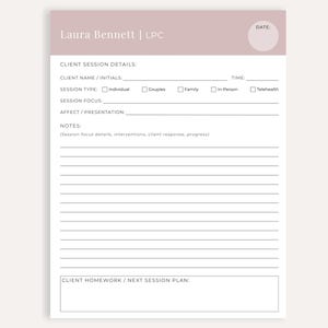 May include: A printable therapy session template with the text "Laura Bennett | LPC" at the top. The template includes sections for client details, session type, focus, notes, and homework. The design is a soft pink and white color scheme.