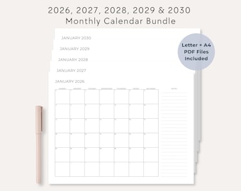 2026 2027 2028 2029 2030 Monthly Calendar Bundle, Minimalist Landscape Planner (Letter A4 PDF)