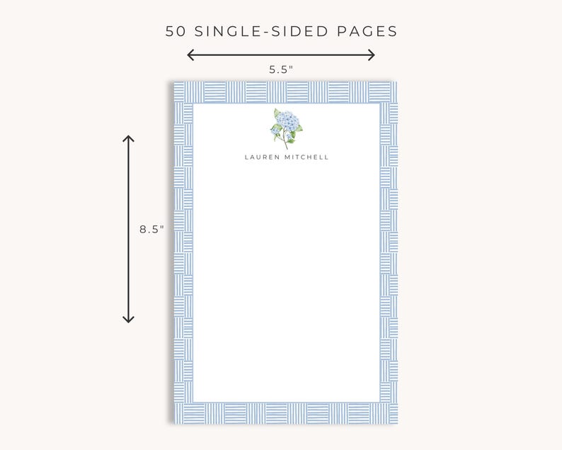 Personalized Hydrangea Notepad, Custom Name Stationery, Floral Desk ...