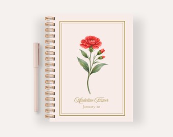 Personalized January Birth Flower Notebook, Birthday Gift Carnation Spiral Journal, Custom Name Stationery