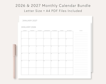 2026 2027 Monthly Calendar Bundle, Minimalist Landscape Planner (Letter A4 PDF)