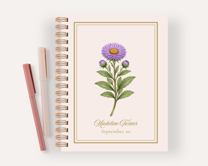 September Notebook Design Personalized September Birth Flower Notebook, Birthday Gift Aster ...
