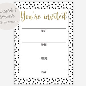 Druckbare und bearbeitbare You're Invited Einladung • Füllen Sie die leeren Einladungen aus • Füllen Sie Einladungen für Partys und besondere Anlässe aus