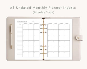 Undatierte druckbare A5 Monatliche Kalendereinlagen: Montag Start 6-Ringkalender Refill, digitaler Download