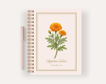Personalized October Birth Flower Notebook, Birthday Gift Marigold Spiral Journal, Custom Name Stationery