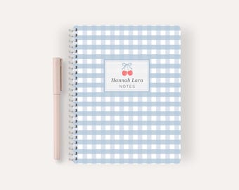 Personalized Blue Gingham with Cherries Small Notebook, Preppy Stationery Journal, Gift for Her