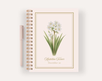 Personalized December Birth Flower Notebook, Birthday Gift Narcissus Spiral Journal, Custom Name Stationery