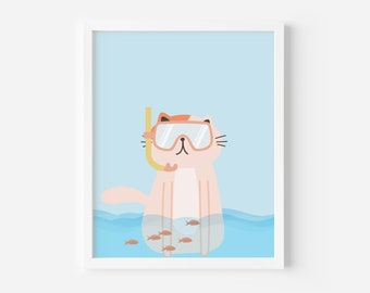 Whimsical Cat Swimming with Goggles Printable Wall Art • Funny Cat Wall Art • Kids Room Decor • Toddler Room Decor • Nursery Decor