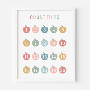 Pôster contando de 1 a 20 • Arte de parede contando de 1 a 20 • Conte até 20 • Arte de parede educacional para impressão • Decoração de quarto infantil e berçário • Decoração de sala de aula
