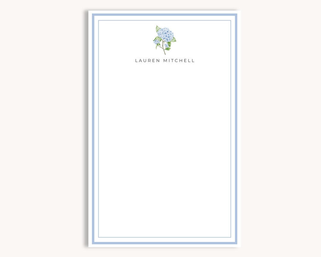 Personalized Hydrangea Notepad, Minimal Custom Name Stationery, Classic ...
