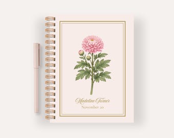Personalized November Birth Flower Notebook, Birthday Gift Chrysanthemum Spiral Journal, Custom Name Stationery