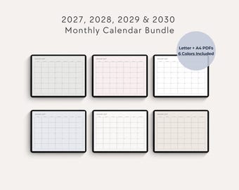 Minimalistische maandkalenderbundel 2027-2030, 6 kleuren, liggend formaat (PDF)