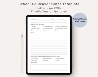 School Counselor Notes Template, Printable & Fillable PDF, Letter + A4