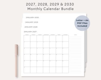 2027 2028 2029 2030 Monthly Calendar Bundle, Minimalist Landscape Planner (Letter A4 PDF)