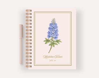 Personalized July Birth Flower Notebook, Birthday Gift Larkspur Journal, Custom Name Stationery