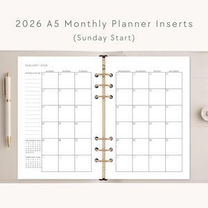 2026 A5 Dated Monthly Planner Inserts: Sunday Start 6-Ring Calendar Refill, Digital Download
