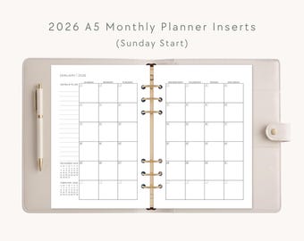2026 A5 datiert Monatsplaner Einlagen: Sonntag Start 6-Ringkalender Refill, Digitaler Download