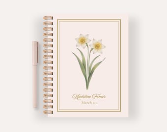 Personalized March Birth Flower Notebook, Birthday Gift Daffodil Journal, Custom Name Stationery, Botanical Keepsake