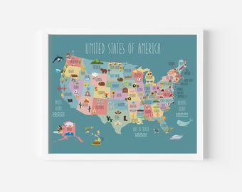 Illustrated Map of the United States • United States Map with Illustrations • Classroom Decor • Homeschool Decor • Educational Wall Art