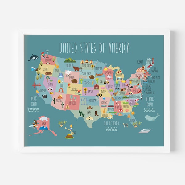 Illustrated Map of the United States • United States Map with Illustrations • Classroom Decor • Homeschool Decor • Educational Wall Art