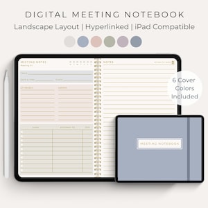 May include: Digital meeting notebook with landscape layout, hyperlinked, and iPad compatible. The image shows a digital notebook with a spiral binding, a stylus, and a smaller tablet with a blue cover. The text "6 Cover Colors Included" is also visible.