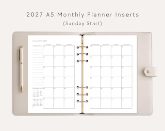 2027 A5 Dated Monthly Planner Inserts: Sunday Start 6-Ring Calendar Refill, Digital Download