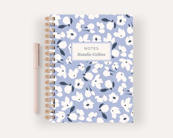 Personalized Blue Floral Hardcover Notebook, Custom Name Journal, Garden Pattern Writing Book, Gold Wire-O