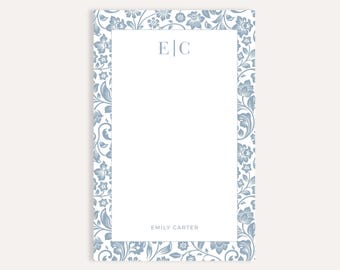 Personalized Monogram Notepad, Blue Floral Stationery Pad, Mother’s Day Gift, Teacher Appreciation