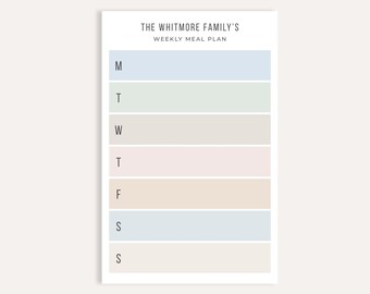 Personalized Multicolored Weekly Meal Plan Notepad, Custom Family Meal Planner, Kitchen Menu Pad