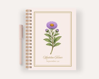 Personalized September Birth Flower Notebook, Birthday Gift Aster Spiral Journal, Custom Name Stationery